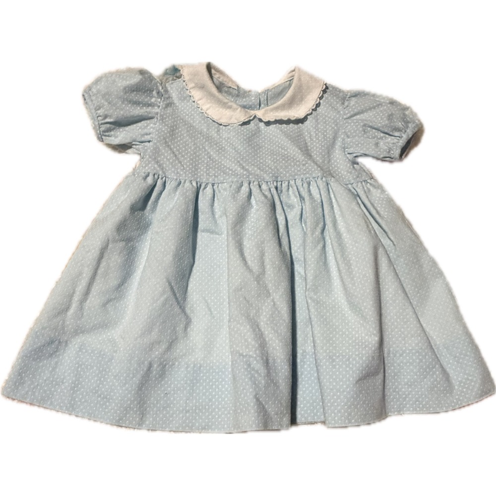 Patsy Aiken Designs Vintage Baby Girl Blue Polka Dot Peter Pan Collar Dress